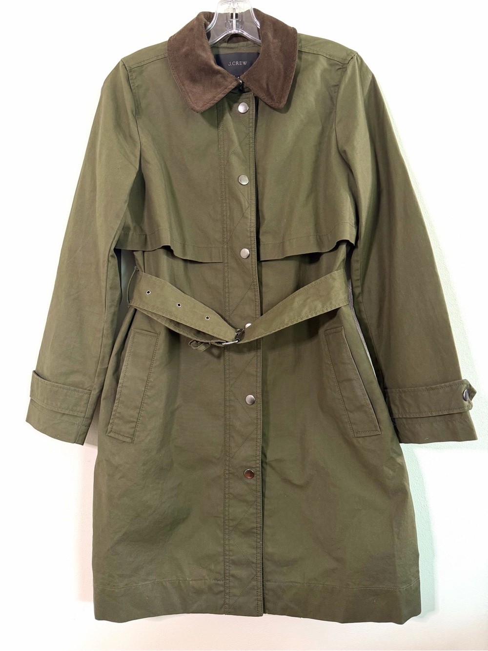 J.Crew Field Trench Coat Deep Moss Olive Green Corduroy Collar Size Small